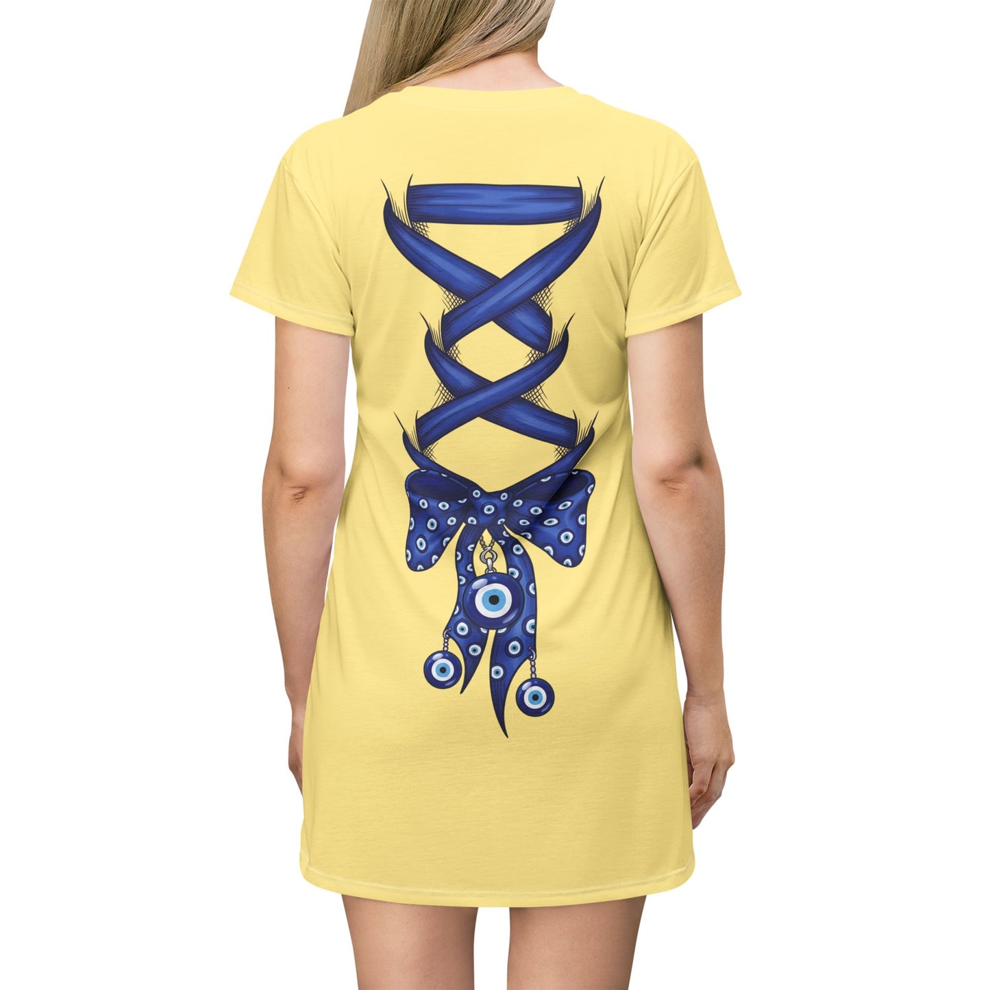Evil Eye Lace-Up T-Shirt Dress — Blue Corset Bow AOP
