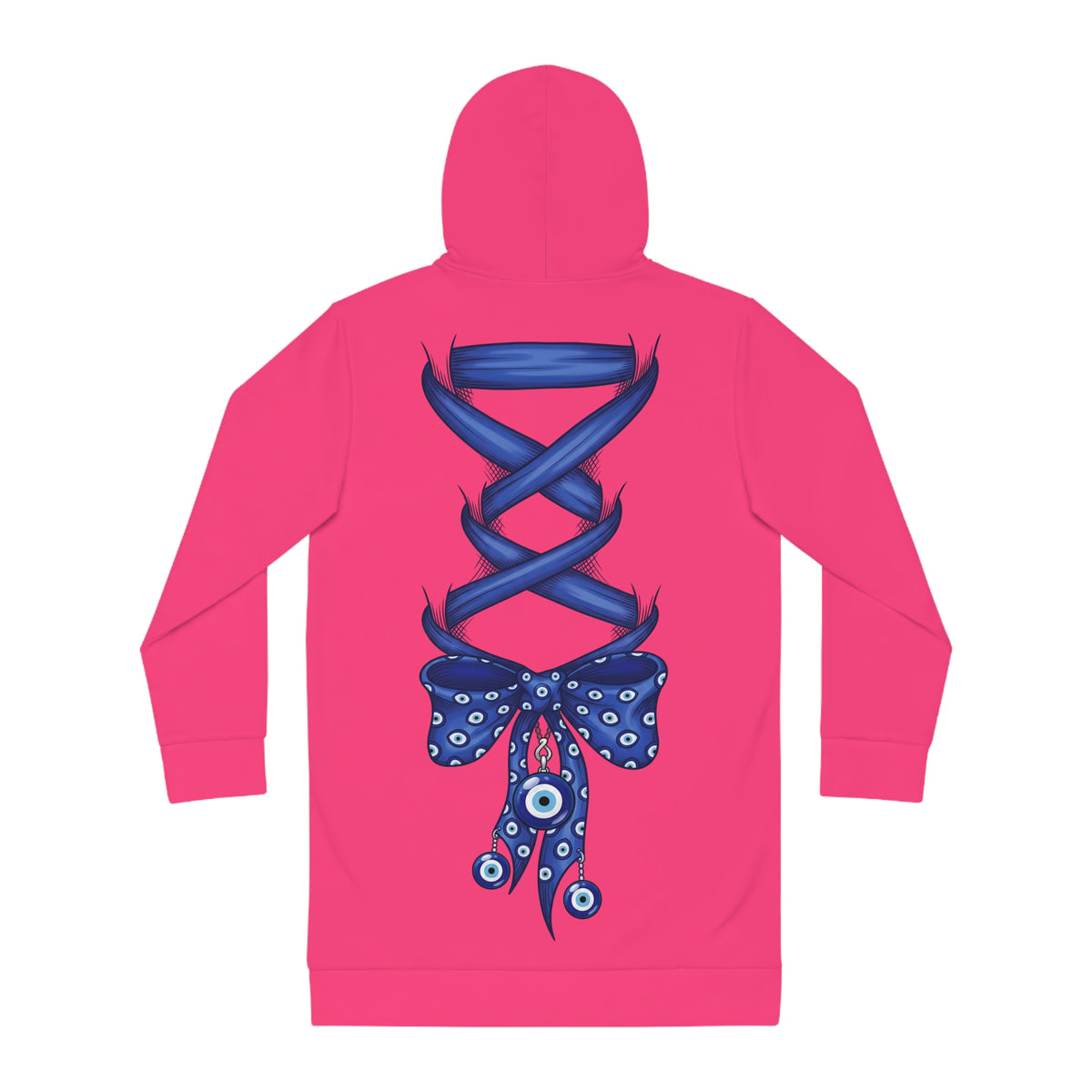 Evil Eye Lace-Up Hoodie Dress — Blue Nazar Charm Back Print