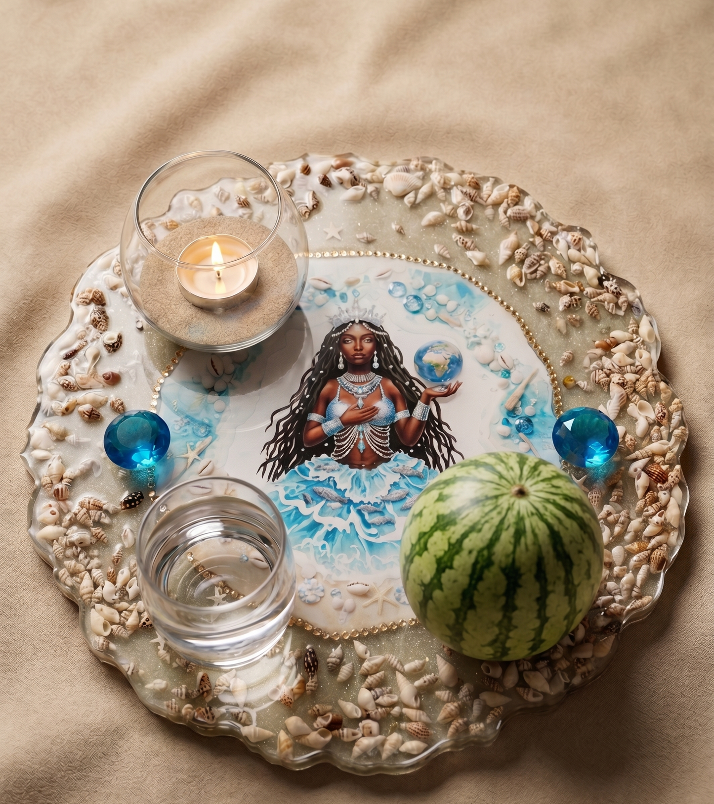 Yemaya Divine Ocean 13-Inch Resin Art Tray with Embedded Seashells