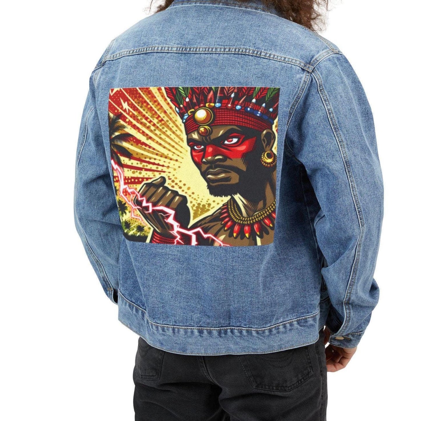 Orisha CHANGO Denim Pop Art Jean Jacket! Gift for Godparent or Devotee!
