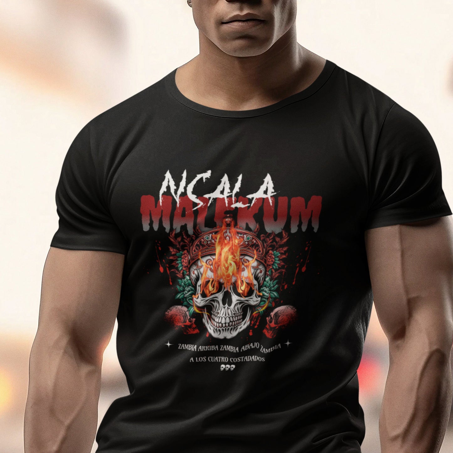 NSALA Malekum Palo Mayombe Zambia Arriba Skull with Fire Tshirt! Palo Mayombe Tata Yaya unisex Urban Tshirt.