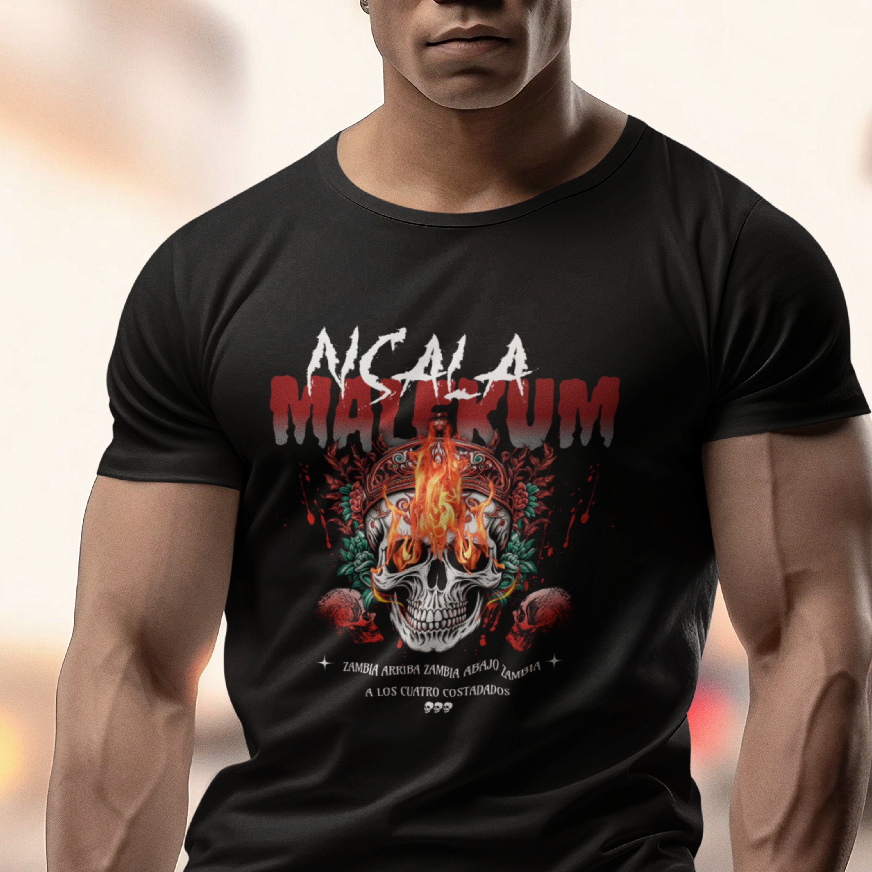 NSALA Malekum Palo Mayombe Zambia Arriba Skull with Fire Tshirt! Palo Mayombe Tata Yaya unisex Urban Tshirt.