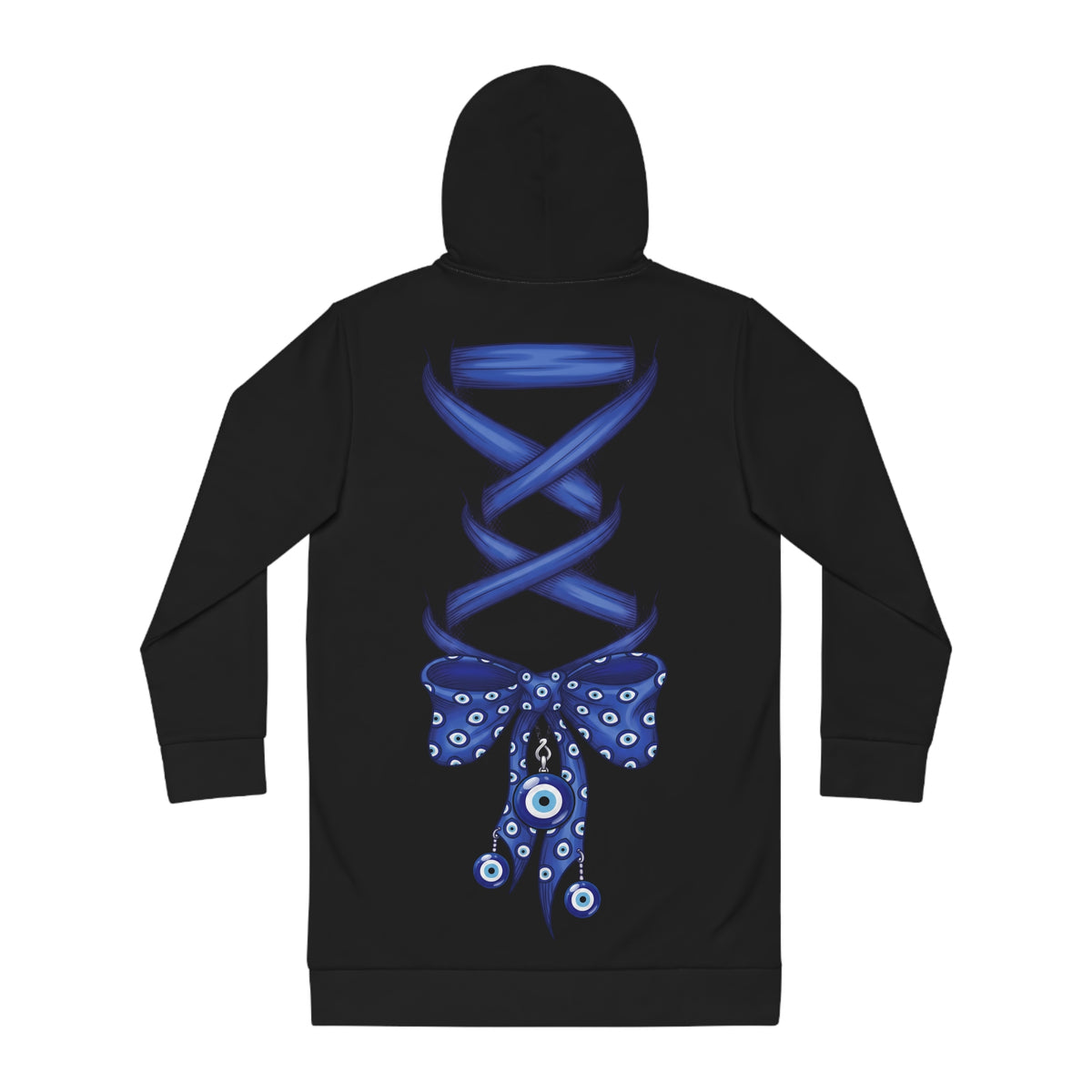 Evil Eye Lace-Up Hoodie Dress — Blue Nazar Charm Back Print