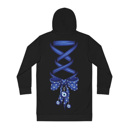 Evil Eye Lace-Up Hoodie Dress — Blue Nazar Charm Back Print