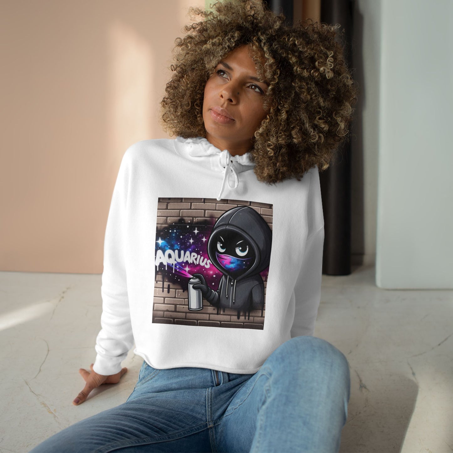 Aquarius Graffiti Crop Hoodie, Cosmic Art Crop Sweatshirt, Astrology Gift, Zodiac Apparel, Creative Streetwear, Unique Birthday Present