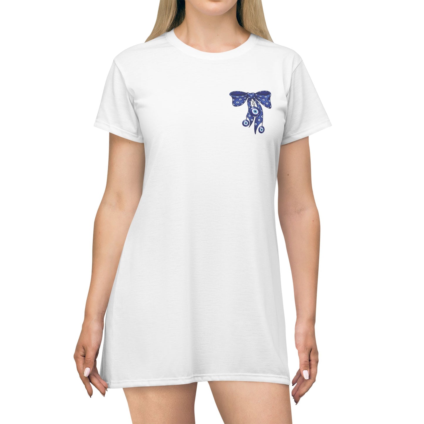 Evil Eye Lace-Up T-Shirt Dress — Blue Corset Bow AOP