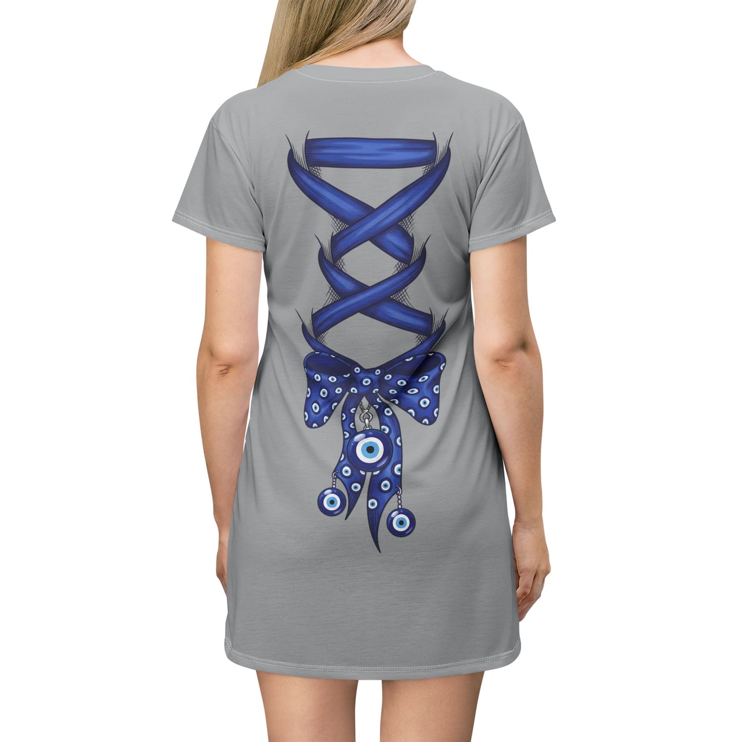 Evil Eye Lace-Up T-Shirt Dress — Blue Corset Bow AOP