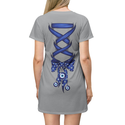 Evil Eye Lace-Up T-Shirt Dress — Blue Corset Bow AOP