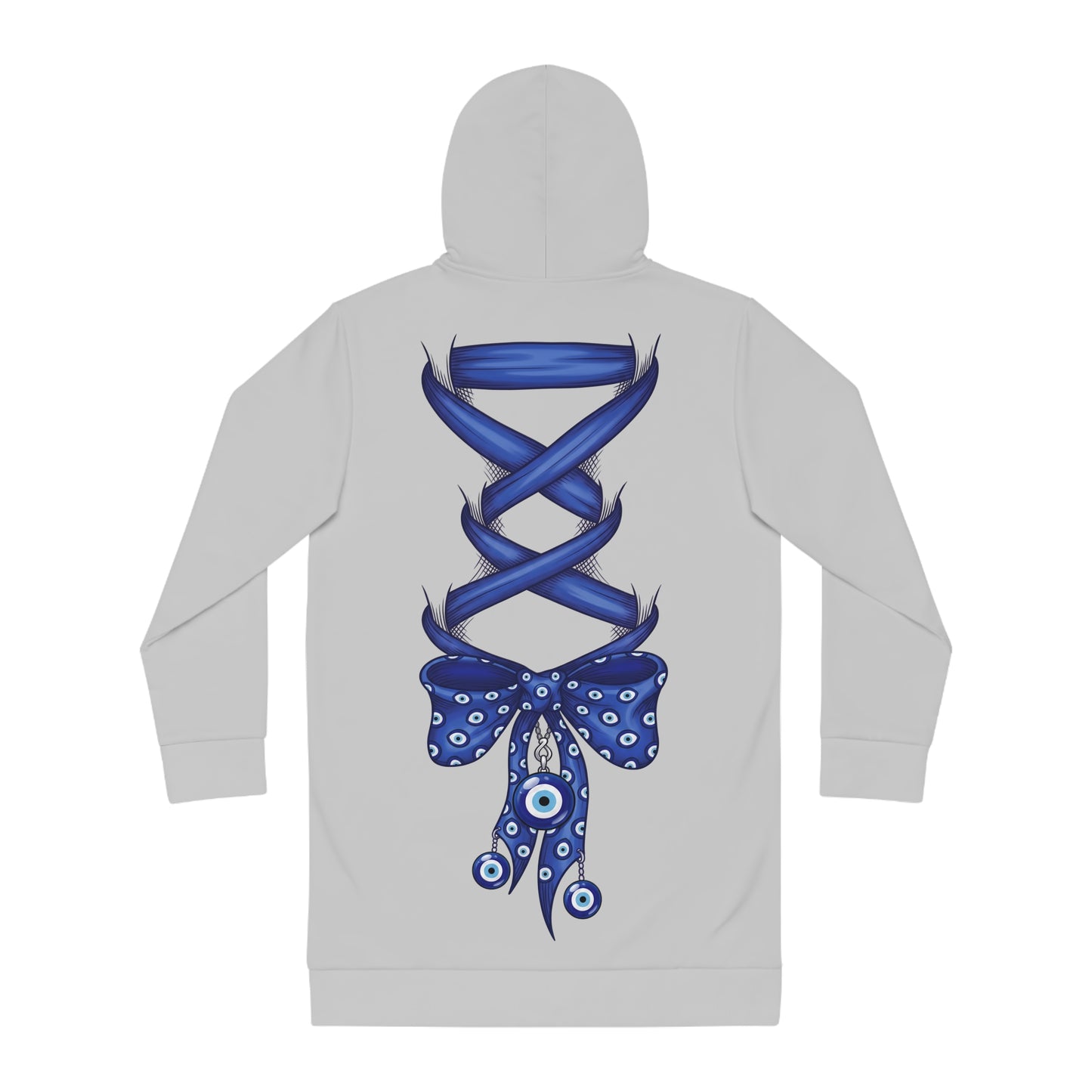 Evil Eye Lace-Up Hoodie Dress — Blue Nazar Charm Back Print