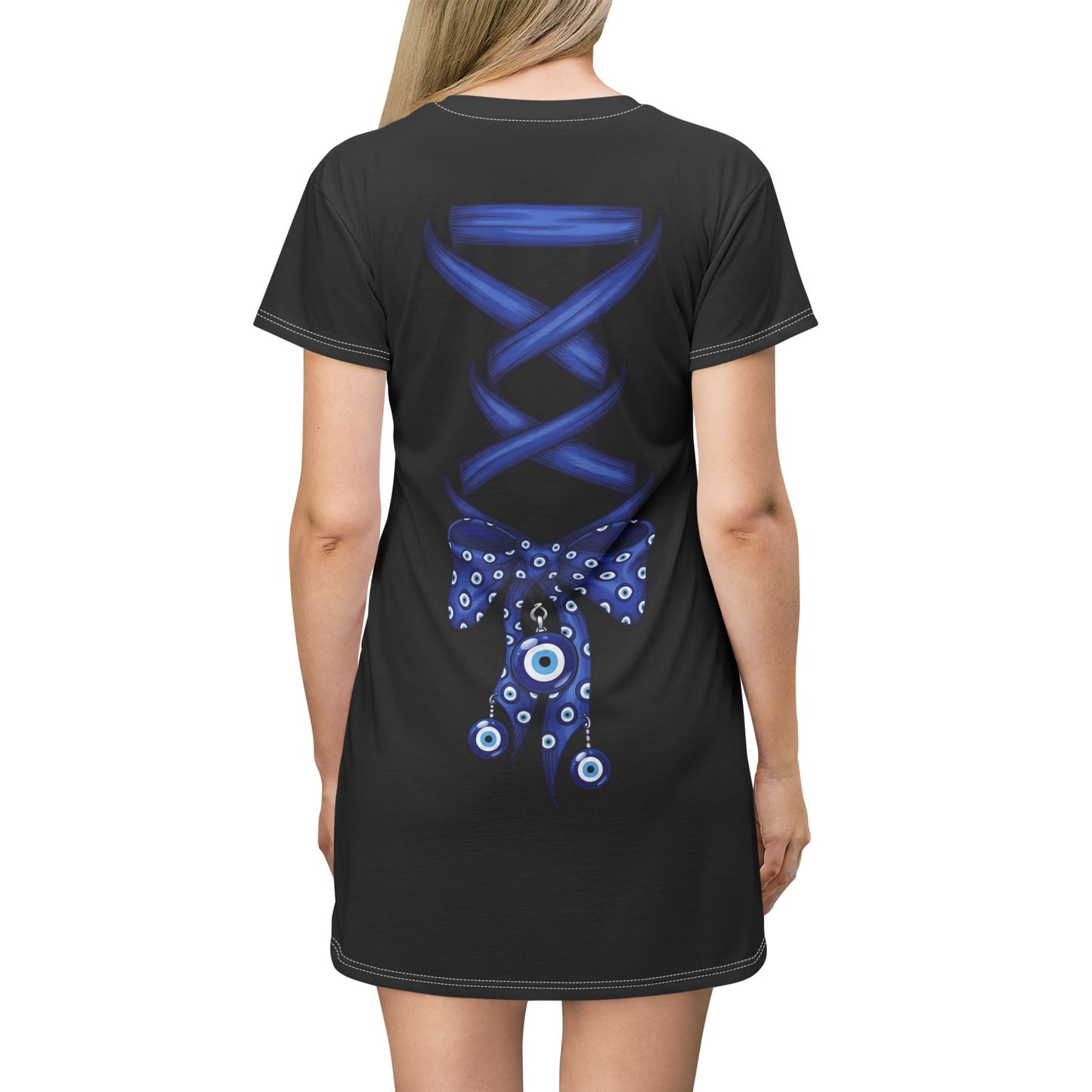 Evil Eye Lace-Up T-Shirt Dress — Blue Corset Bow AOP