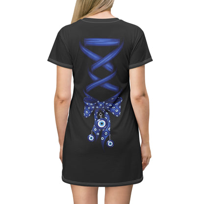Evil Eye Lace-Up T-Shirt Dress — Blue Corset Bow AOP