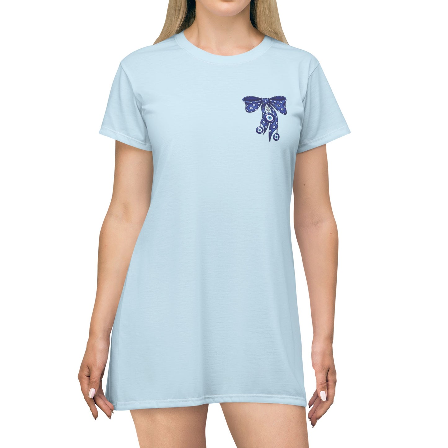 Evil Eye Lace-Up T-Shirt Dress — Blue Corset Bow AOP