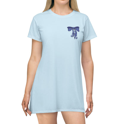 Evil Eye Lace-Up T-Shirt Dress — Blue Corset Bow AOP