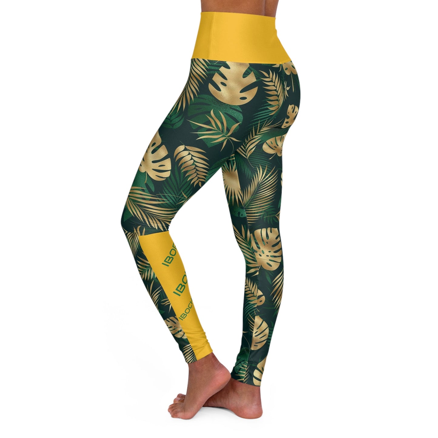 Iboru iboya ibocheche ORUNLA Green and Gold Monstera Plant Pattern Yoga Leggings