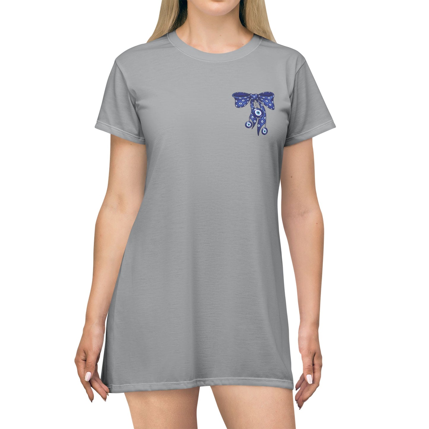 Evil Eye Lace-Up T-Shirt Dress — Blue Corset Bow AOP