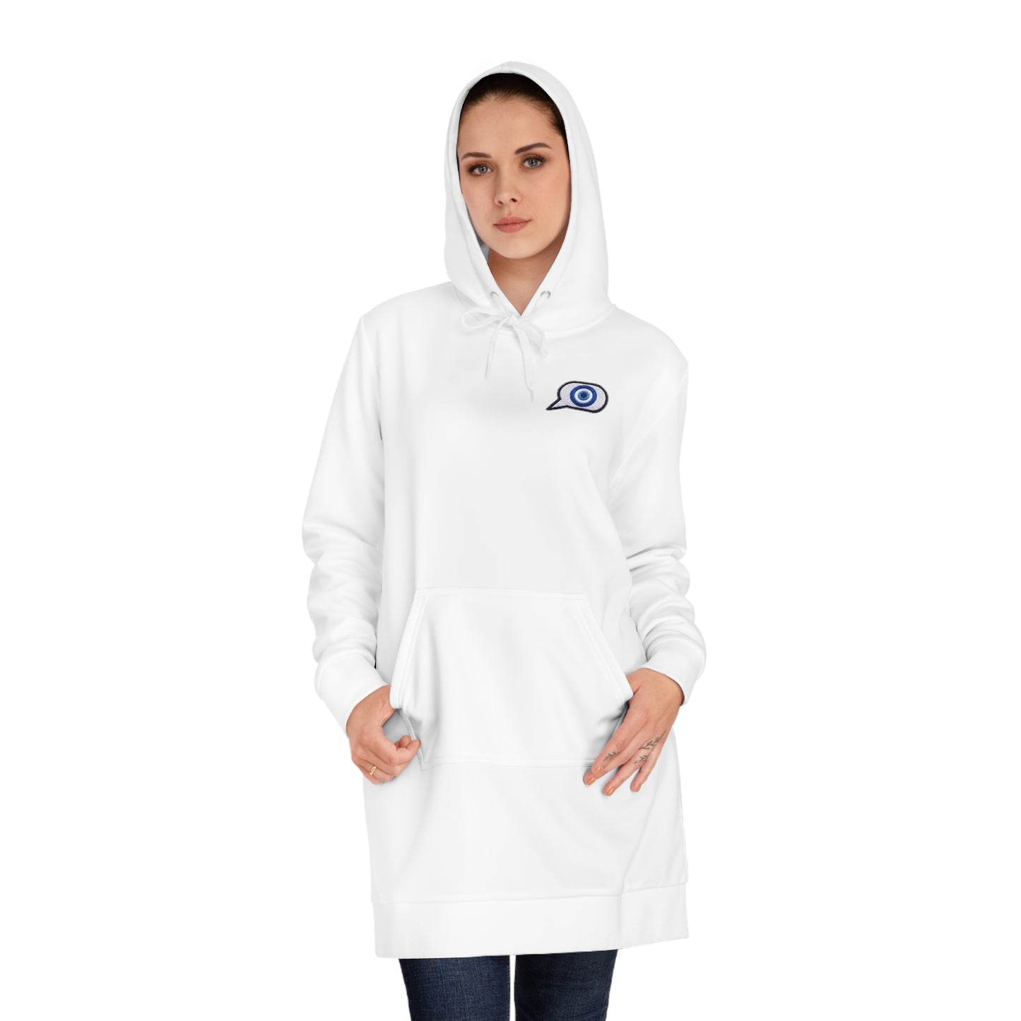 Evil Eye Lace-Up Hoodie Dress — Blue Nazar Charm Back Print