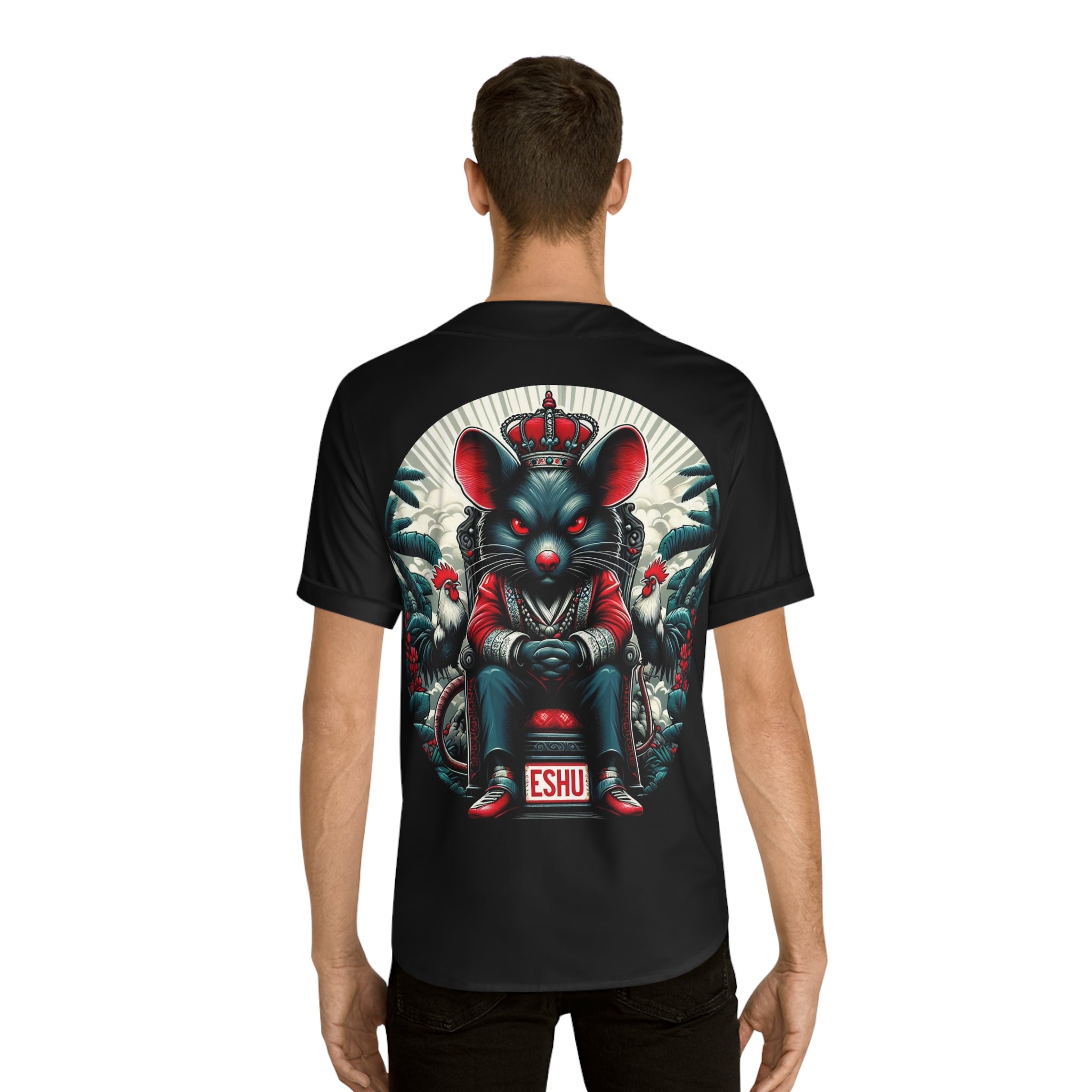 ASHE Jersey, Orisha inspired Urban Royal Crowned ESHU Rat on Throne in the Jungle Baseball Jersey!