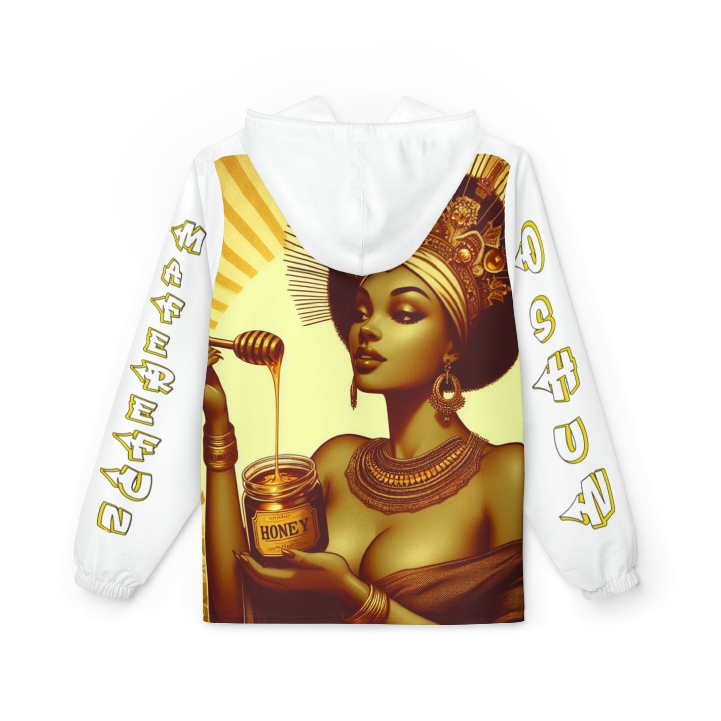 Orisha OSHUN Maferefun Oshun ASHE Honey jar Full design White Windbreaker, Maferefun Oshun on Sleeves Urban Orisha based Windbreaker!