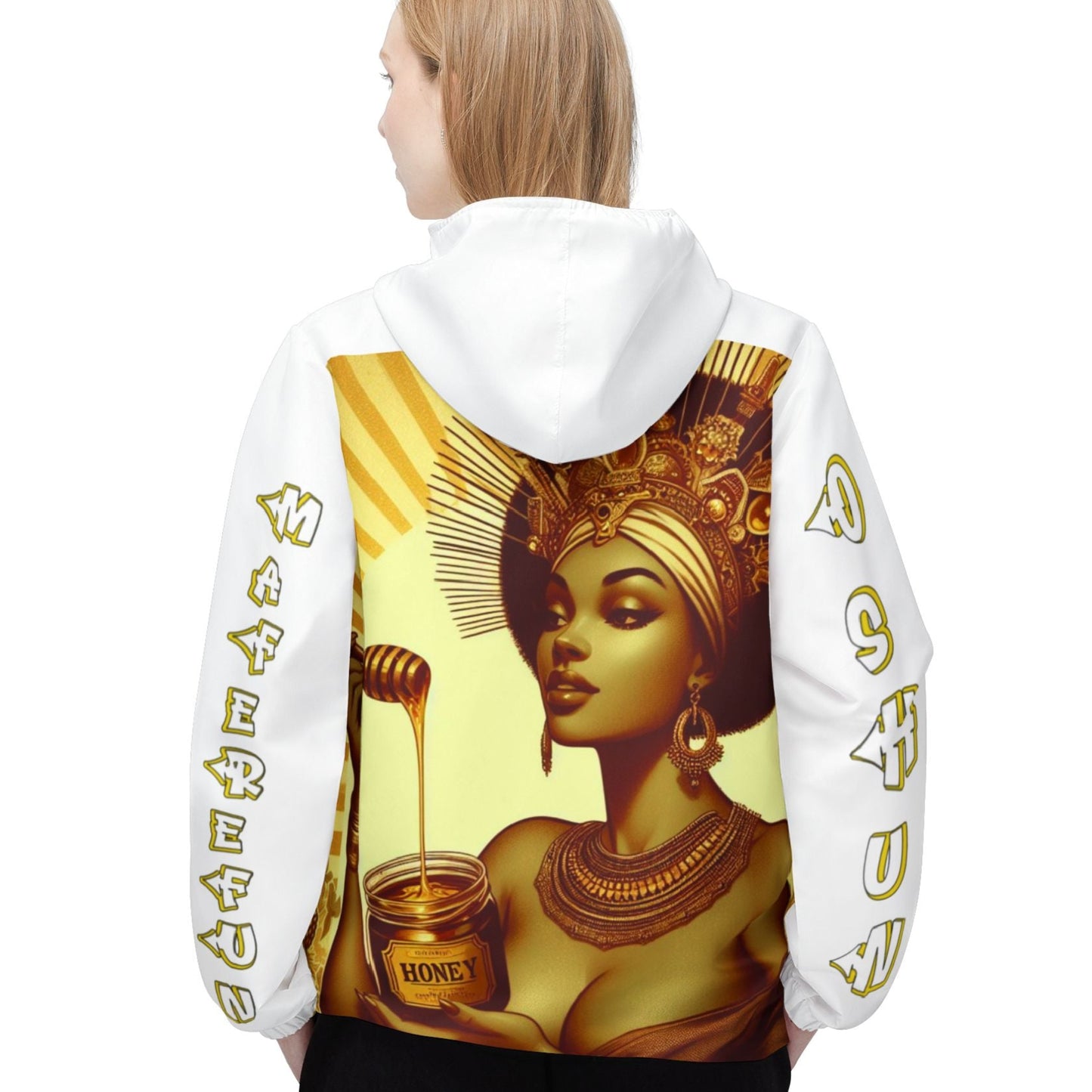 Orisha OSHUN Maferefun Oshun ASHE Honey jar Full design White Windbreaker, Maferefun Oshun on Sleeves Urban Orisha based Windbreaker!