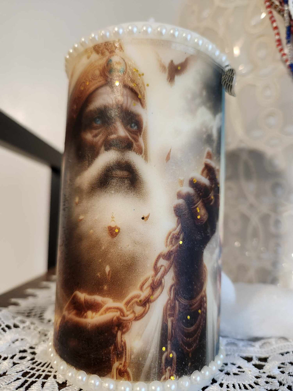 Orisha OBATALA Snails and Pearls Elegant Decor or Custom Candle, Gift for Godparents or Orisha Devotee Obatala Candle!