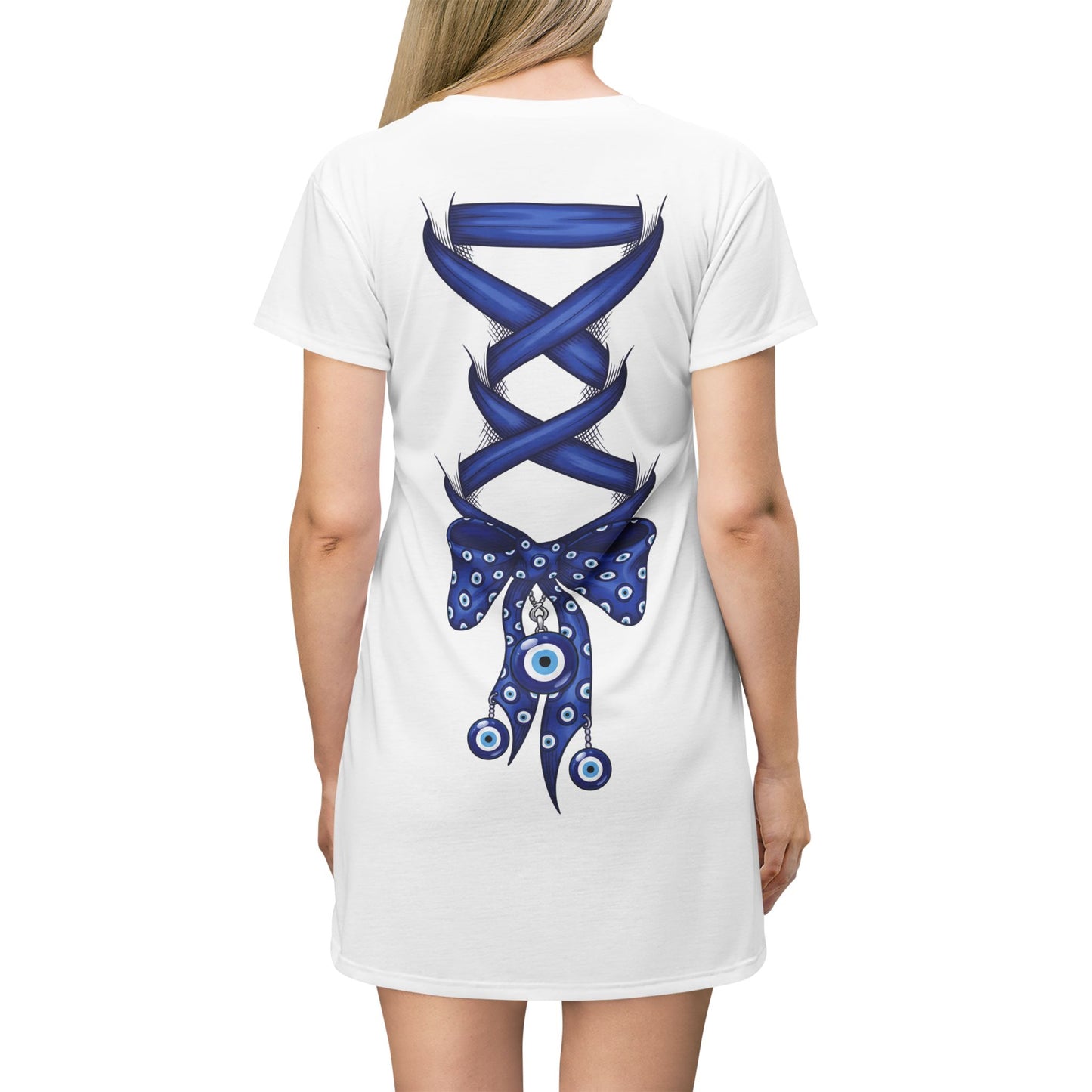 Evil Eye Lace-Up T-Shirt Dress — Blue Corset Bow AOP