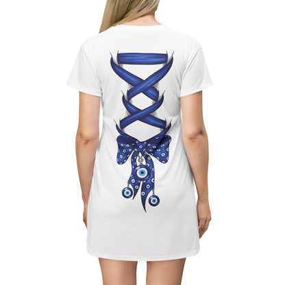 Evil Eye Lace-Up T-Shirt Dress — Blue Corset Bow AOP