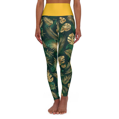 Iboru iboya ibocheche ORUNLA Green and Gold Monstera Plant Pattern Yoga Leggings