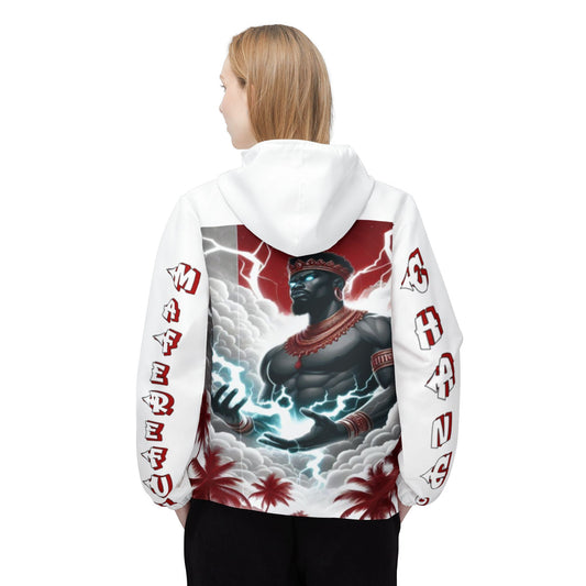 Orisha CHANGO lightning King red and white Windbreaker! Maferefun CHANGO on Sleeves, full Back image Orisha Based Uban White Jacket