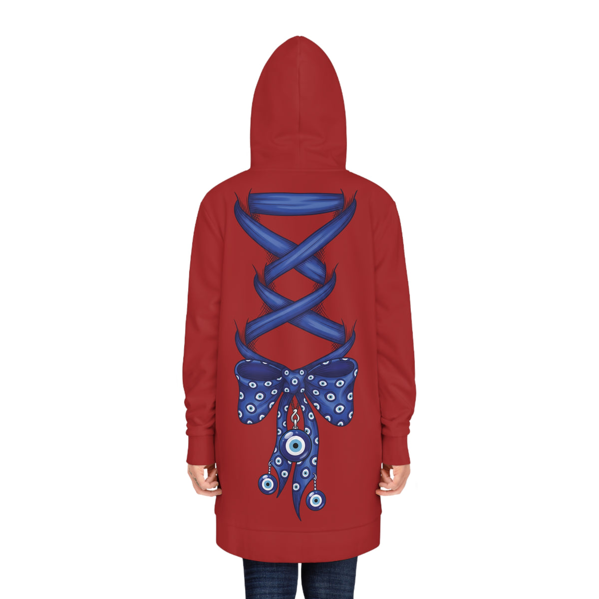 Evil Eye Lace-Up Hoodie Dress — Blue Nazar Charm Back Print
