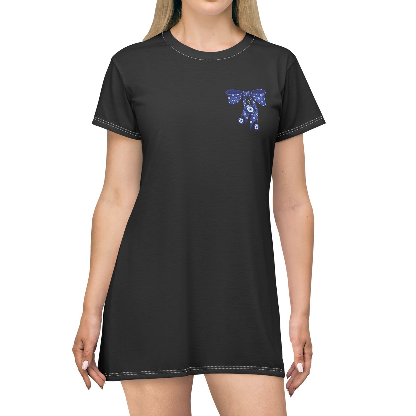 Evil Eye Lace-Up T-Shirt Dress — Blue Corset Bow AOP
