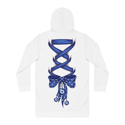 Evil Eye Lace-Up Hoodie Dress — Blue Nazar Charm Back Print