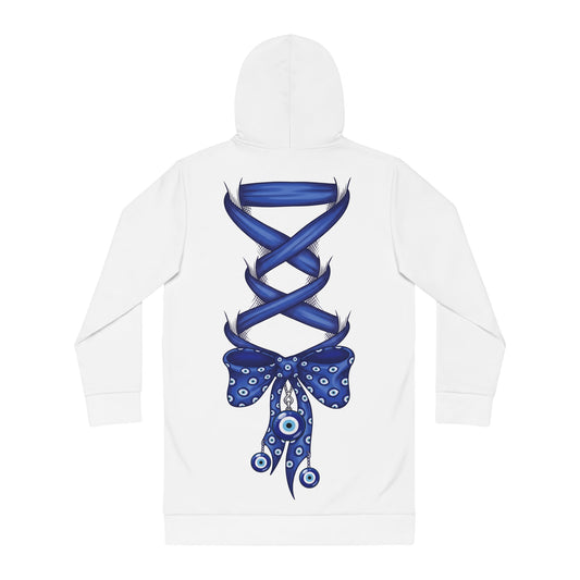 Evil Eye Lace-Up Hoodie Dress — Blue Nazar Charm Back Print
