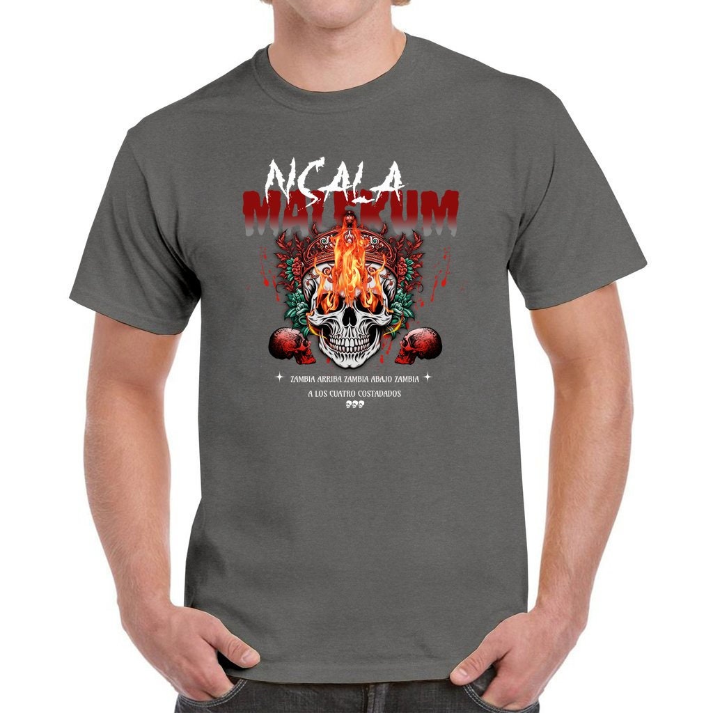 NSALA Malekum Palo Mayombe Zambia Arriba Skull with Fire Tshirt! Palo Mayombe Tata Yaya unisex Urban Tshirt.