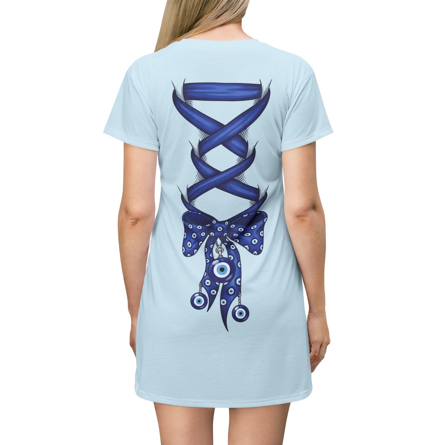 Evil Eye Lace-Up T-Shirt Dress — Blue Corset Bow AOP