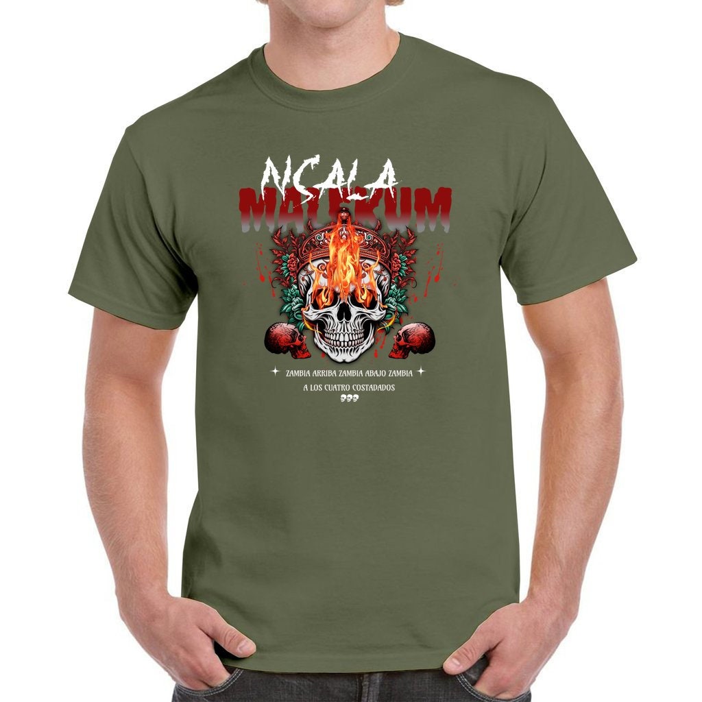NSALA Malekum Palo Mayombe Zambia Arriba Skull with Fire Tshirt! Palo Mayombe Tata Yaya unisex Urban Tshirt.