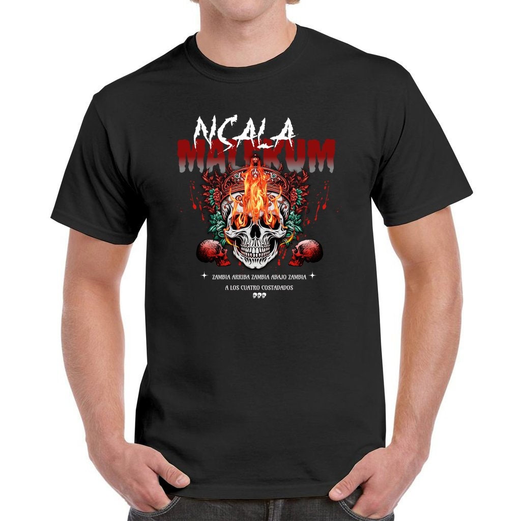NSALA Malekum Palo Mayombe Zambia Arriba Skull with Fire Tshirt! Palo Mayombe Tata Yaya unisex Urban Tshirt.