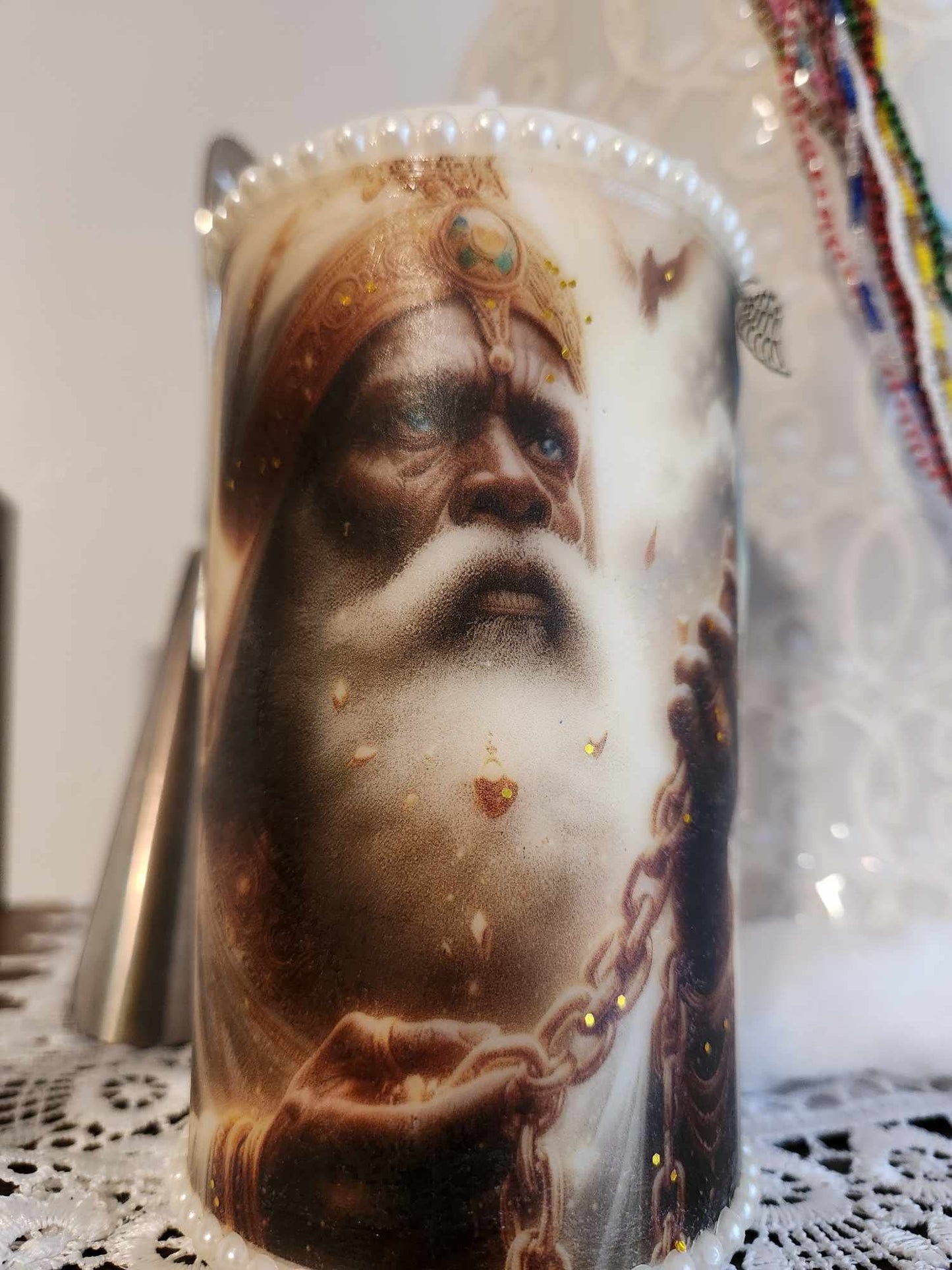 Orisha OBATALA Snails and Pearls Elegant Decor or Custom Candle, Gift for Godparents or Orisha Devotee Obatala Candle!
