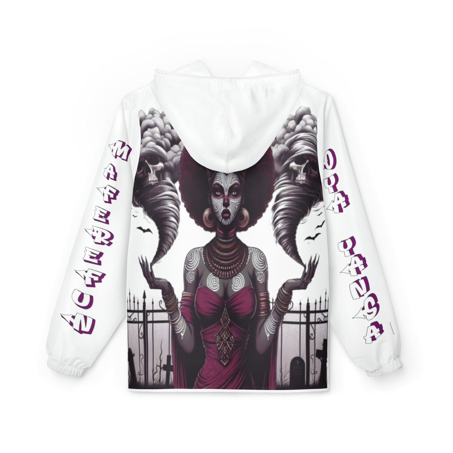 Maferefun Orisha OYA Yansa ,"Cemetery and Tornados" White Windbreaker Jacket! ASHE Oya Yansa Stylish Jacket,gift for devotee or godparent!