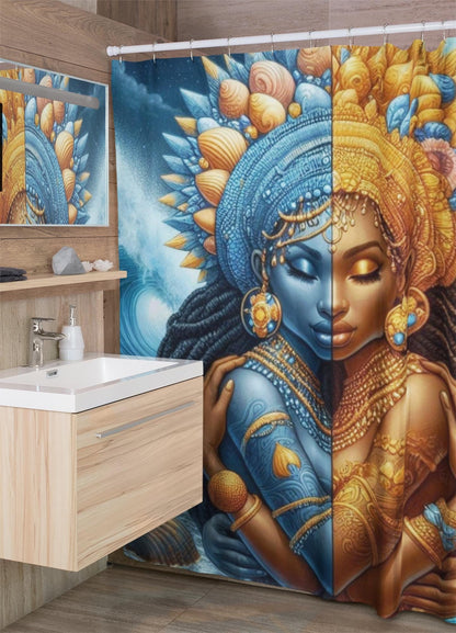 Oshún & Yemayá “Los Dos Aguas” Shower Curtain – Orisha Bathroom Decor | Gift for Devotee or Godparent