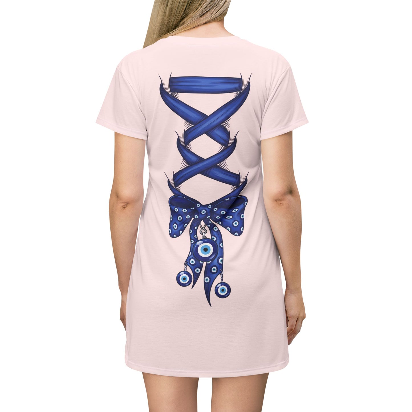 Evil Eye Lace-Up T-Shirt Dress — Blue Corset Bow AOP