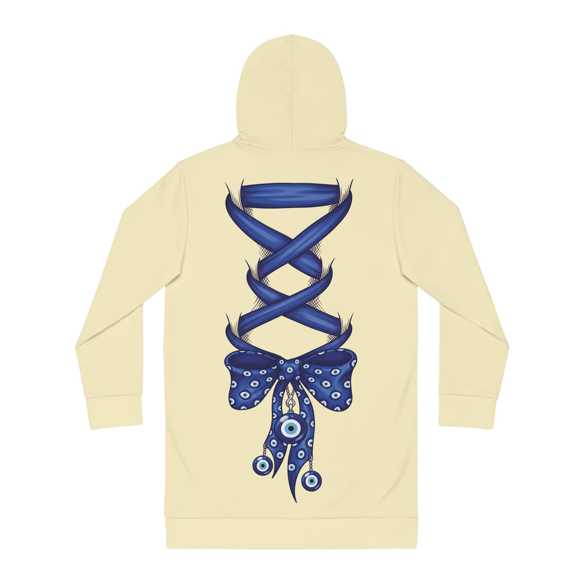 Evil Eye Lace-Up Hoodie Dress — Blue Nazar Charm Back Print