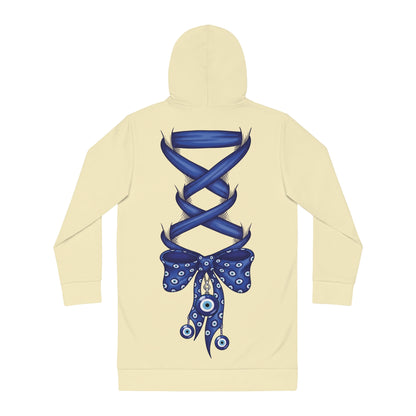 Evil Eye Lace-Up Hoodie Dress — Blue Nazar Charm Back Print
