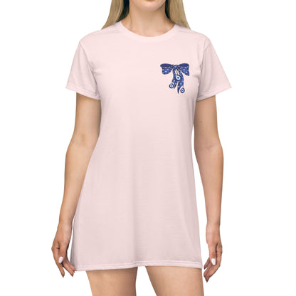 Evil Eye Lace-Up T-Shirt Dress — Blue Corset Bow AOP
