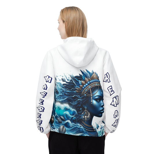 Orisha YEMAYA Ocean Queen. White windbreaker jacket, Maferefun Yemaya jacket, ASHE yemaya orisha based urban style white jacket