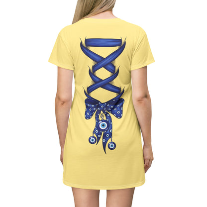 Evil Eye Lace-Up T-Shirt Dress — Blue Corset Bow AOP