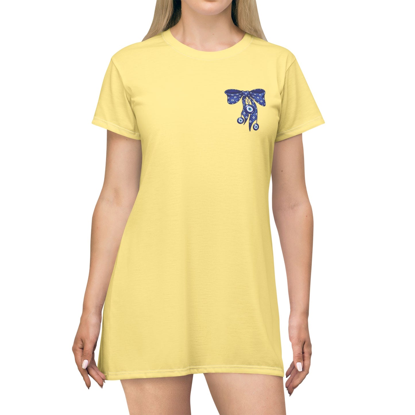 Evil Eye Lace-Up T-Shirt Dress — Blue Corset Bow AOP