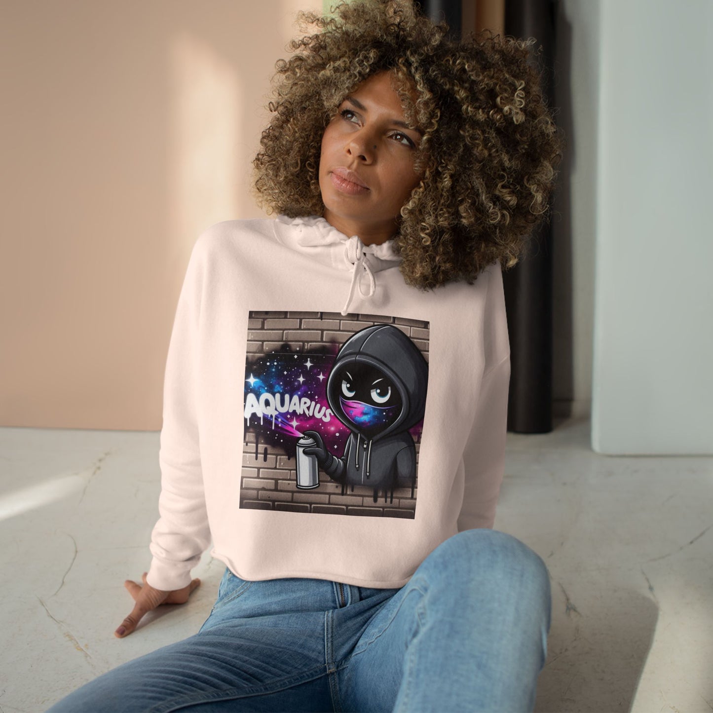 Aquarius Graffiti Crop Hoodie, Cosmic Art Crop Sweatshirt, Astrology Gift, Zodiac Apparel, Creative Streetwear, Unique Birthday Present