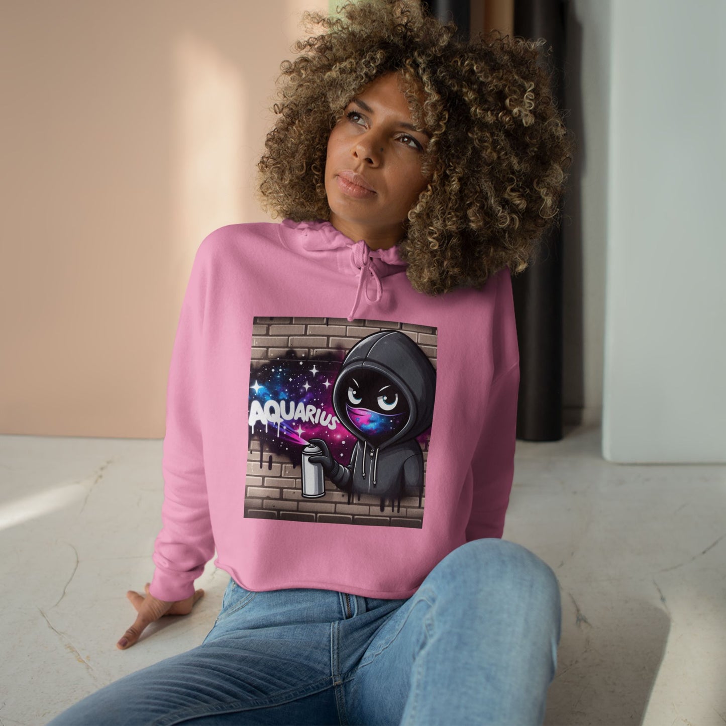 Aquarius Graffiti Crop Hoodie, Cosmic Art Crop Sweatshirt, Astrology Gift, Zodiac Apparel, Creative Streetwear, Unique Birthday Present