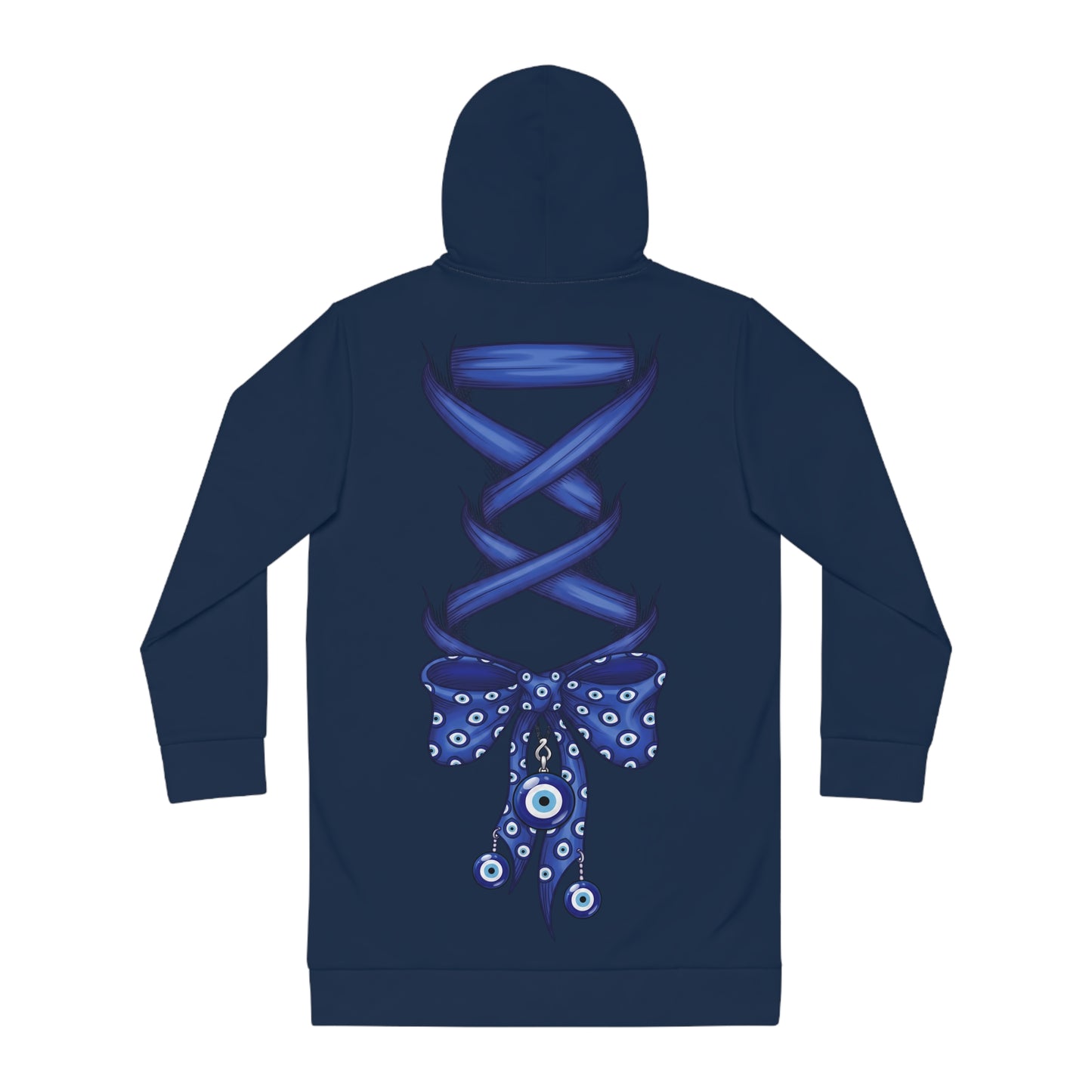 Copy of Copy of Evil Eye Lace-Up Hoodie Dress — Blue Nazar Charm Back Print