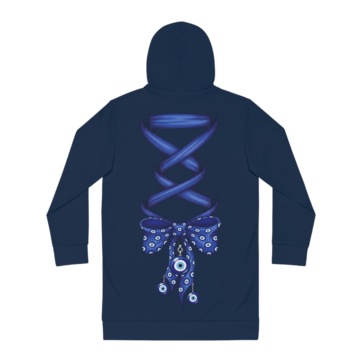 Evil Eye Lace-Up Hoodie Dress — Blue Nazar Charm Back Print